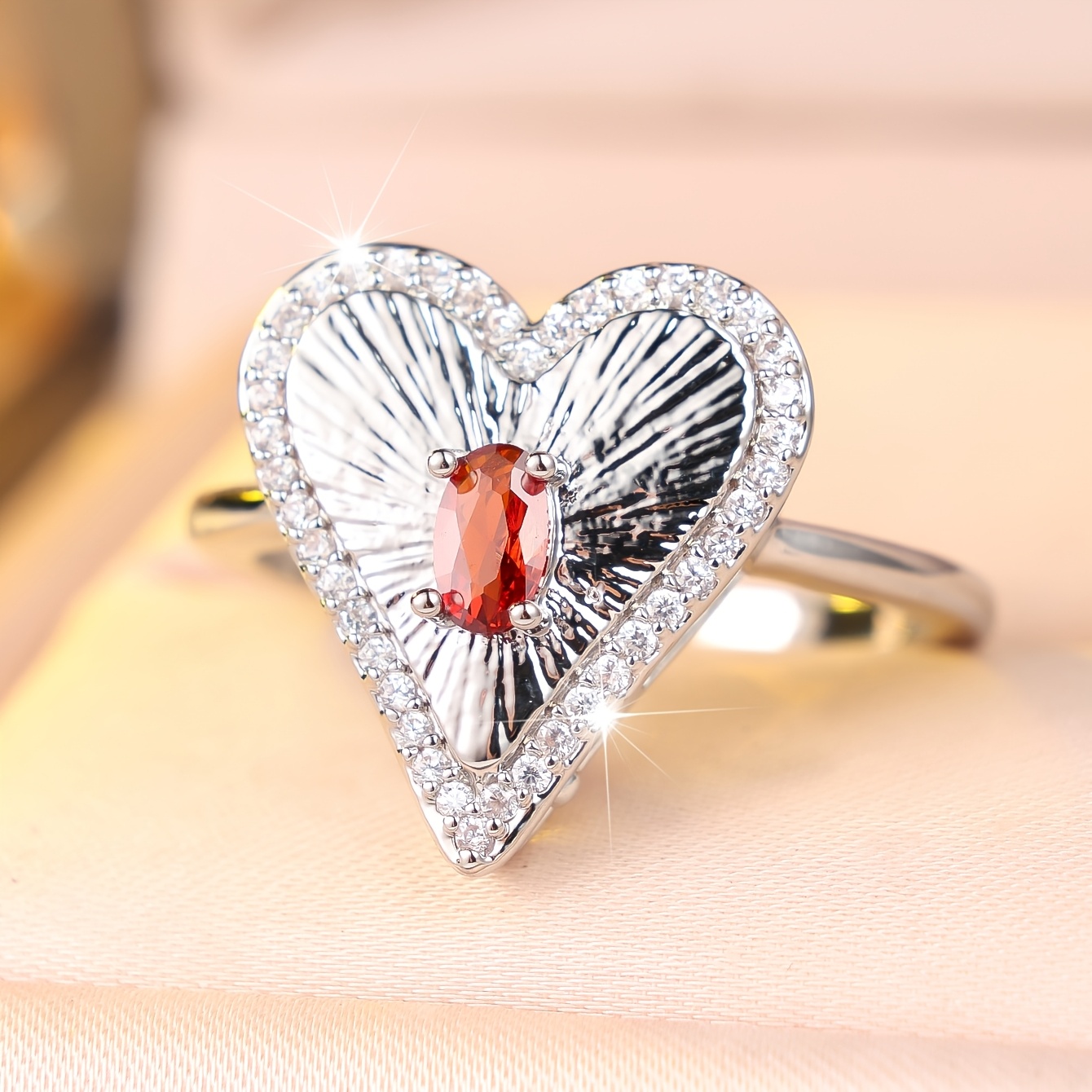 Women's Elegant Red Synthetic Zirconia Inlaid Ring, Luxurious Style